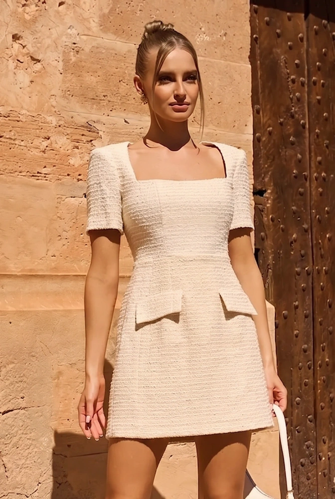 Sloane Beige - mini dress with shoulder pads