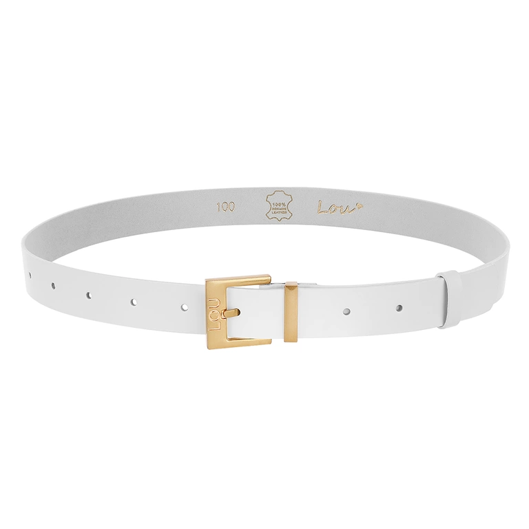 Charo belt - Elegant white leather belt with gold buckle and Lou logo.