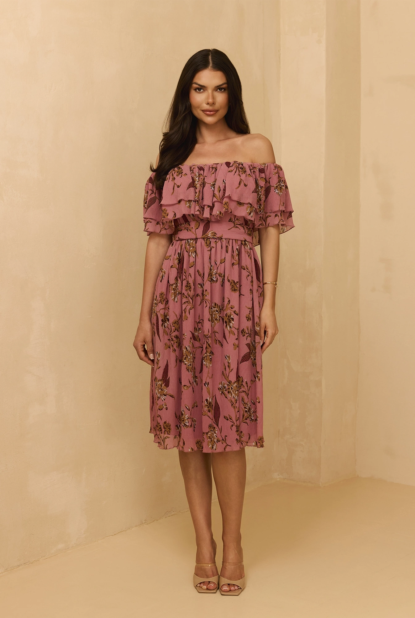 Lavinia - Midi dress in dirty pink with floral prints