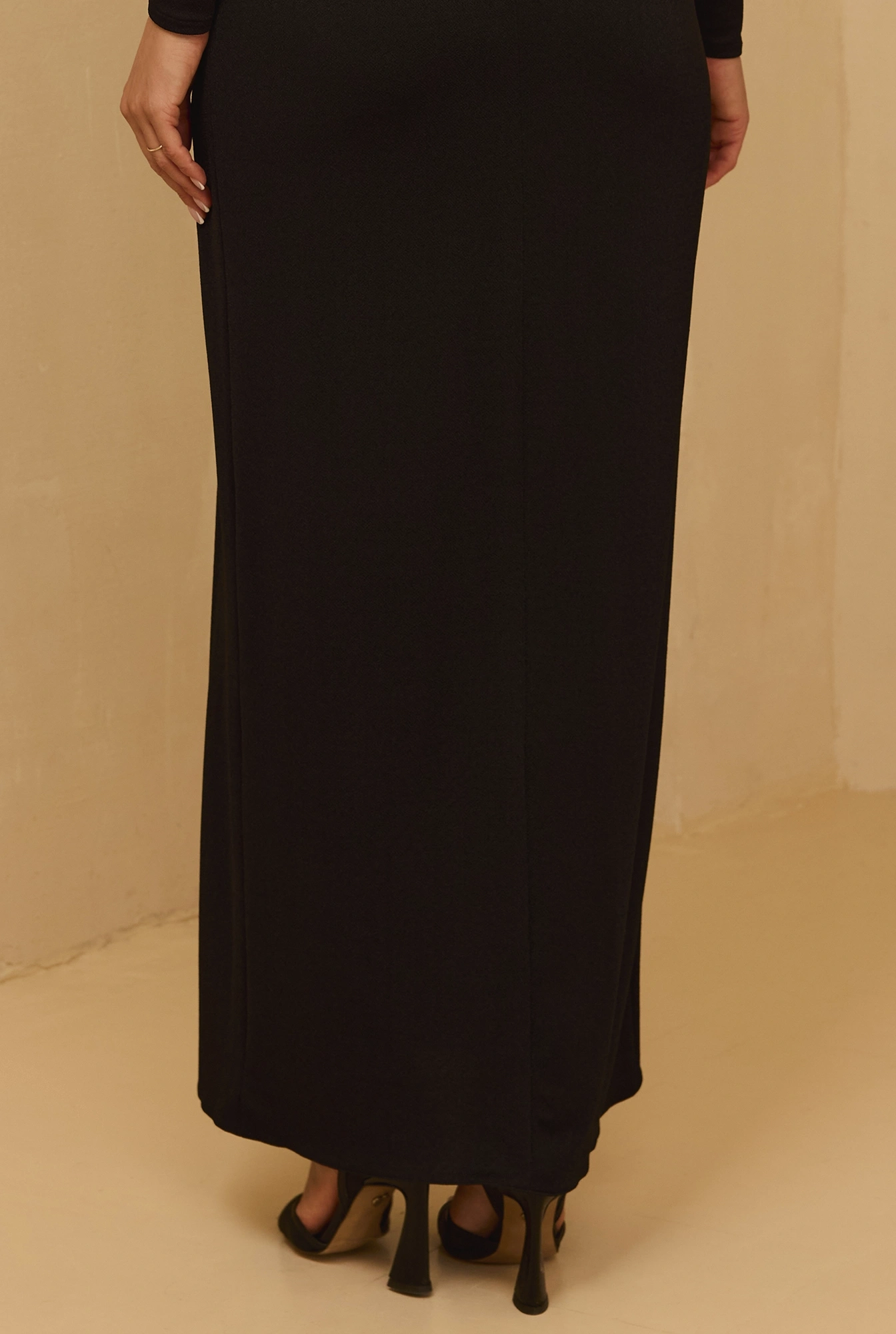 Ariana - Black Maxi Dress with Ornamental Buckle, Shoulder Pads and Zircons