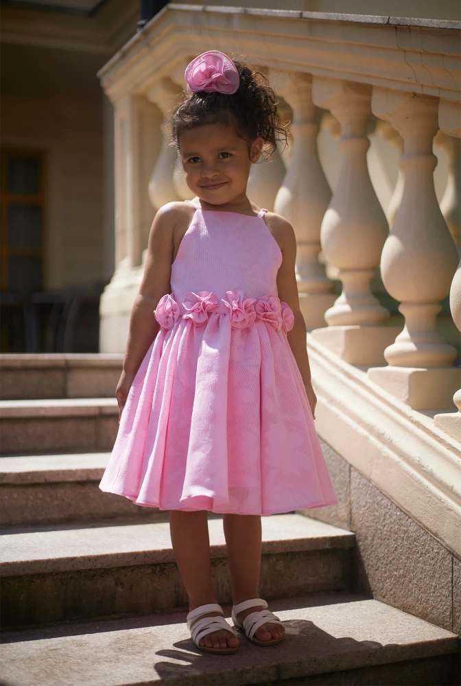Dive - Baby dress in shades of pink with handmade flowers and adjustable straps + Hairband
