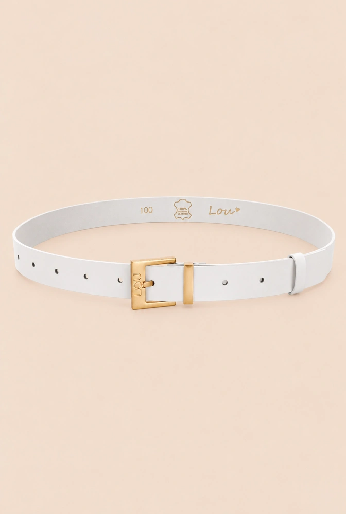 Charo belt - Elegant white leather belt with gold buckle and Lou logo.
