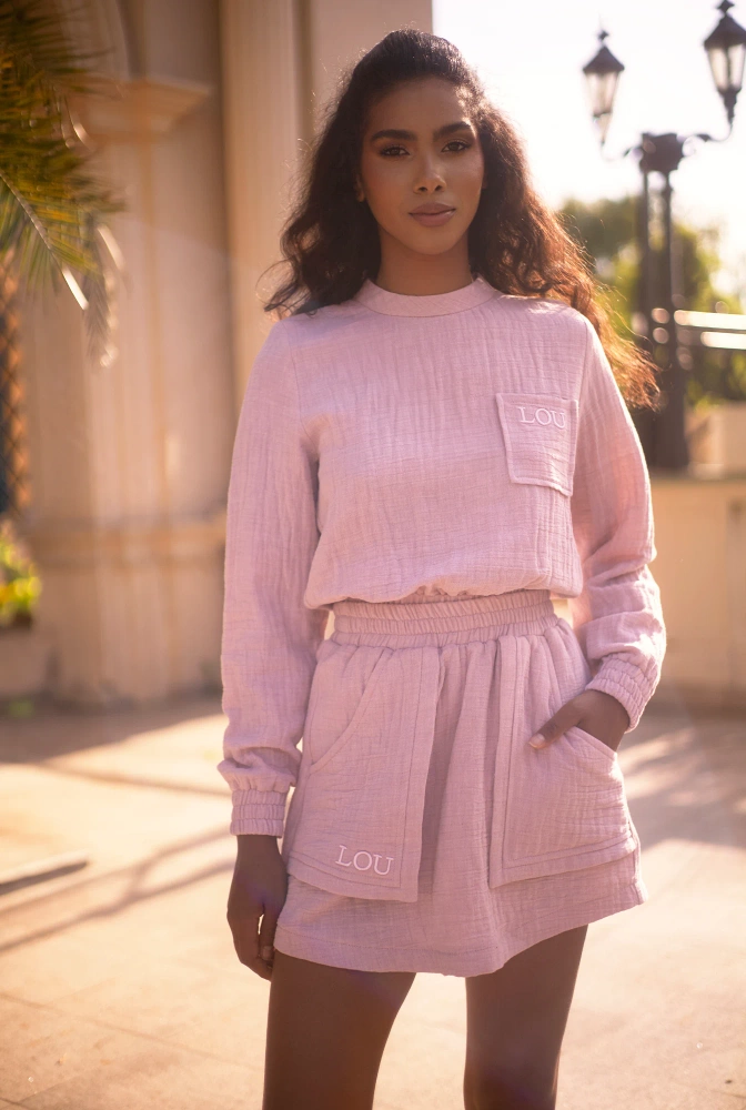 Kama - Pink tracksuit set with mini skirt and embroideries