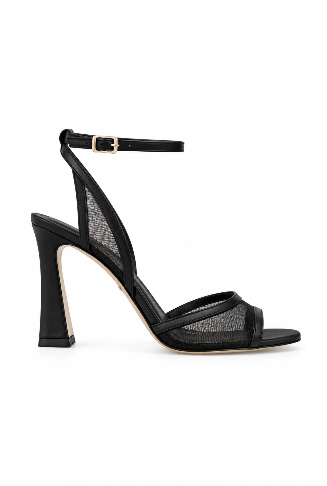 Sense – black heeled sandals with decorative mesh