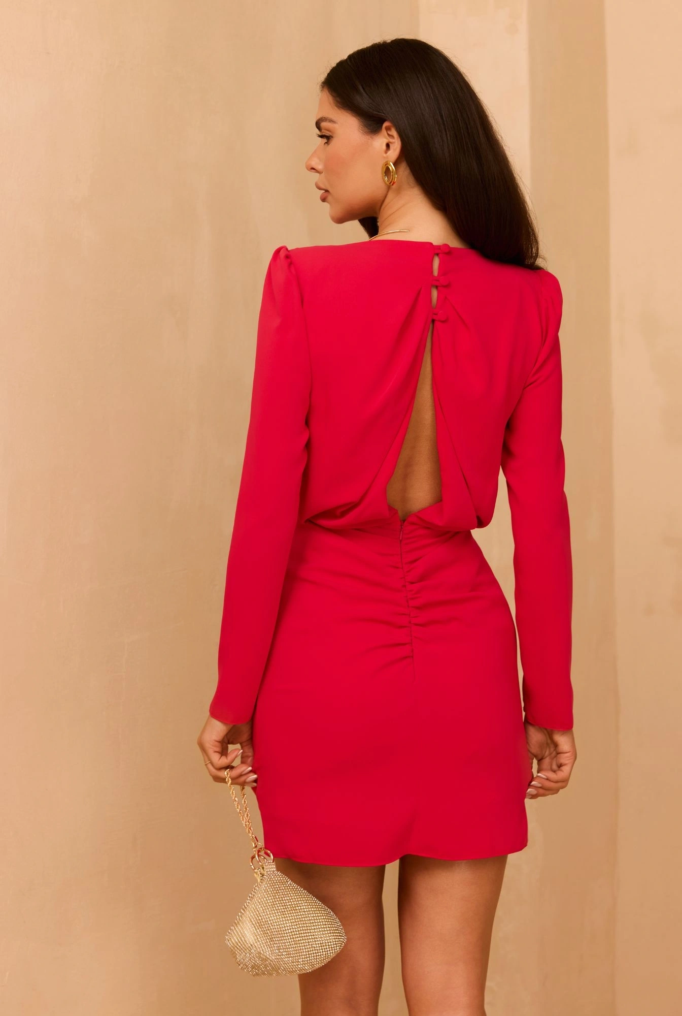 Haga - Red mini evening dress with buffets and mesh neckline