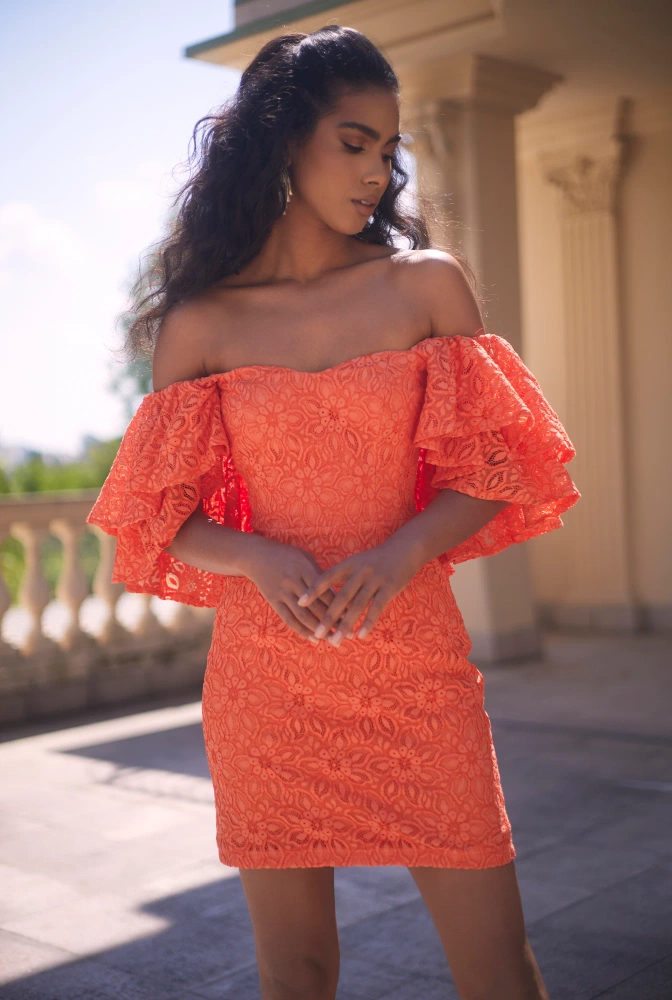 Sucre - Elegant mini lace dress in invigorating orange