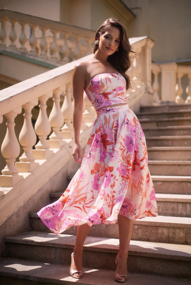 Donatella - Skirt + bralet set with corset neckline in floral pattern