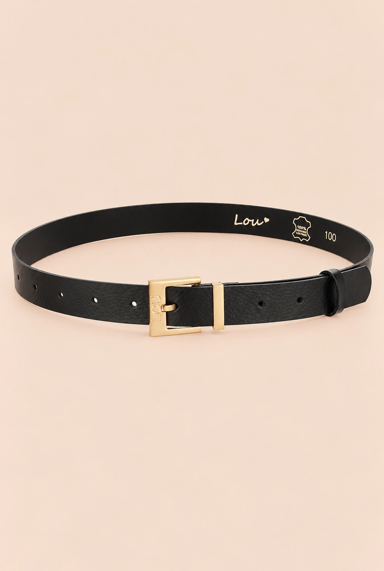 Charo belt - Black leather belt with luxurious gold buckle and engraved Lou logo.