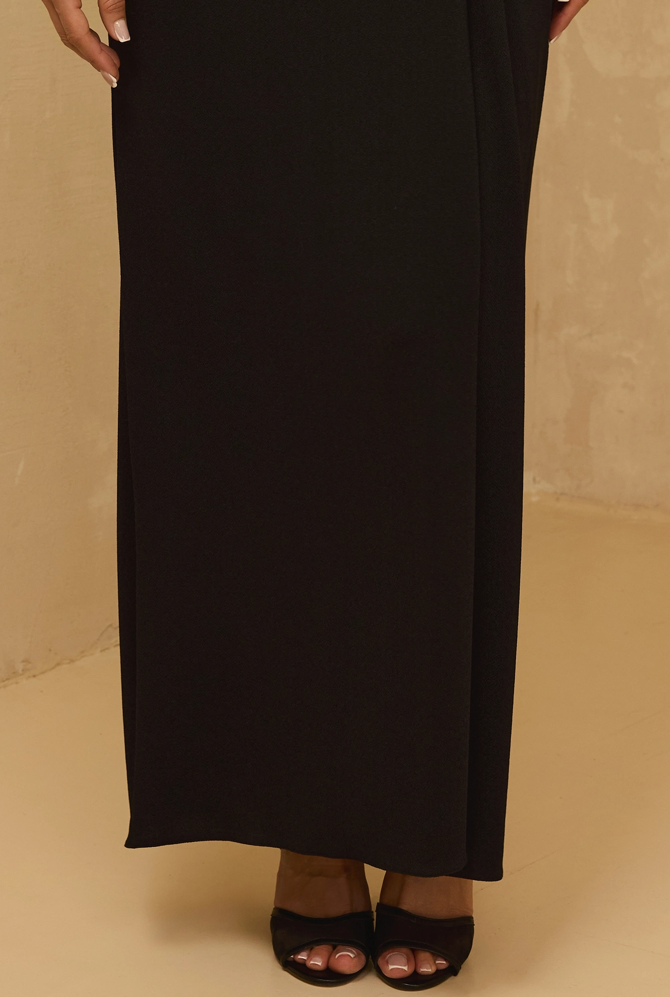 Ariana - Black Maxi Dress with Ornamental Buckle, Shoulder Pads and Zircons