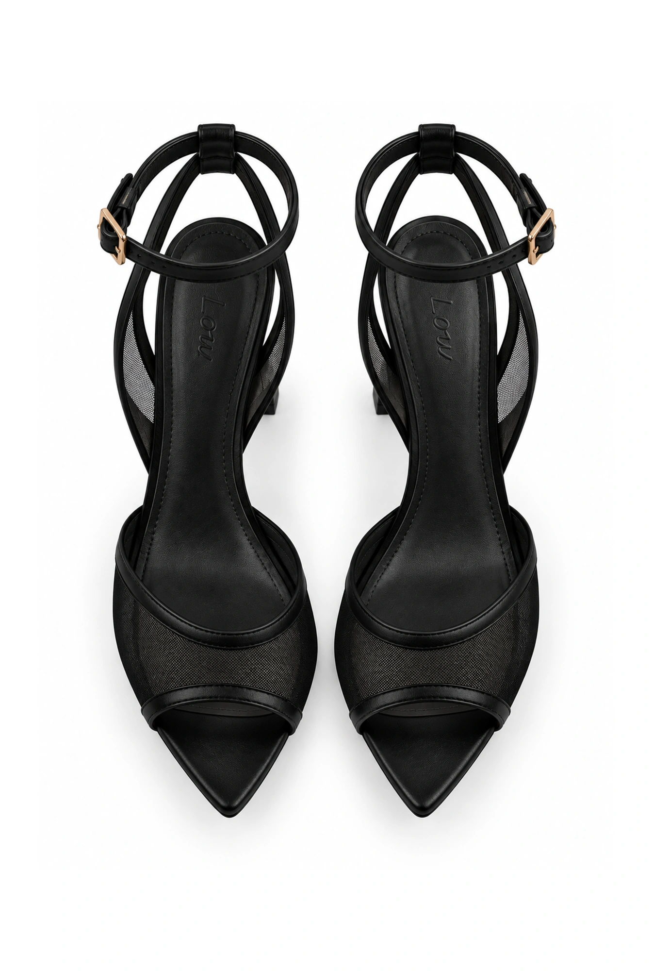 Sense – black heeled sandals with decorative mesh