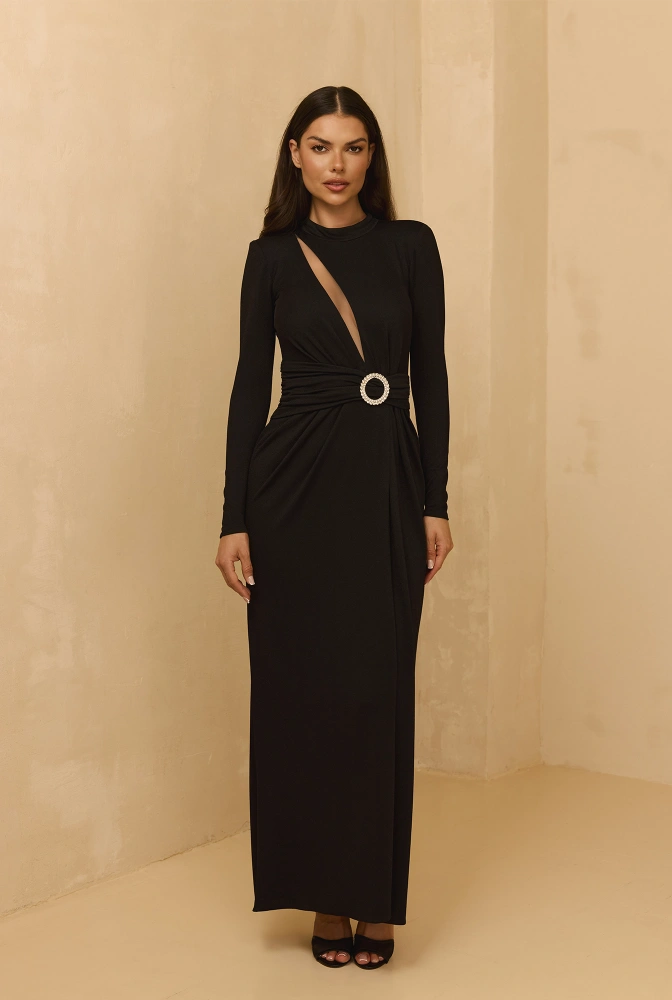 Ariana - Black Maxi Dress with Ornamental Buckle, Shoulder Pads and Zircons